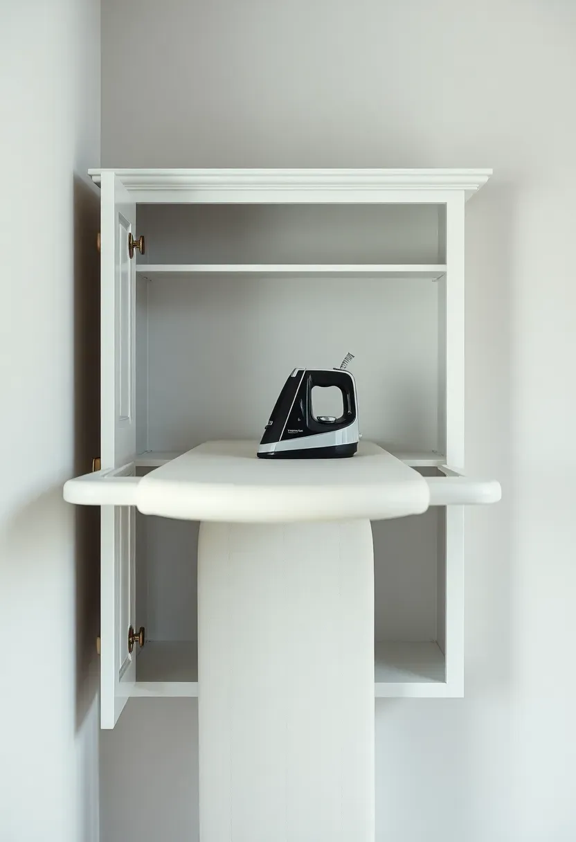 Hyper-realistic frontal view of white wall-mounted cabinet with ironing board partially extended, iron resting on board, cabinet door with panel detail, wall behind painted light gray, small shelf inside cabinet for spray starch, brushed nickel cabinet pull. Materials: painted wood cabinetry, cotton ironing board cover, metal iron. Soft overhead lighting, clean modern mood, sharp focus on cabinet details. No text, no logos, no watermarks.</p>