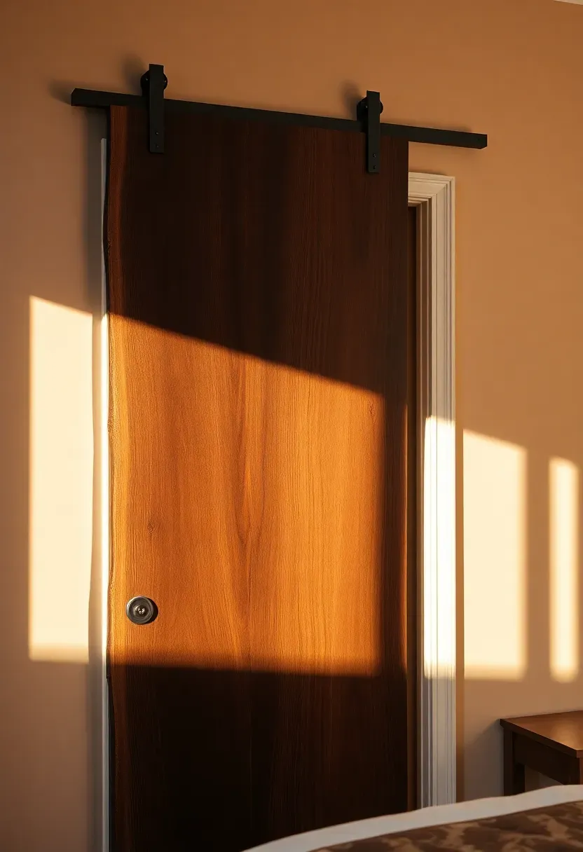 Live edge walnut slab barn door with natural bark edge and visible wood grain mounted on a steel track over a bedroom closet
