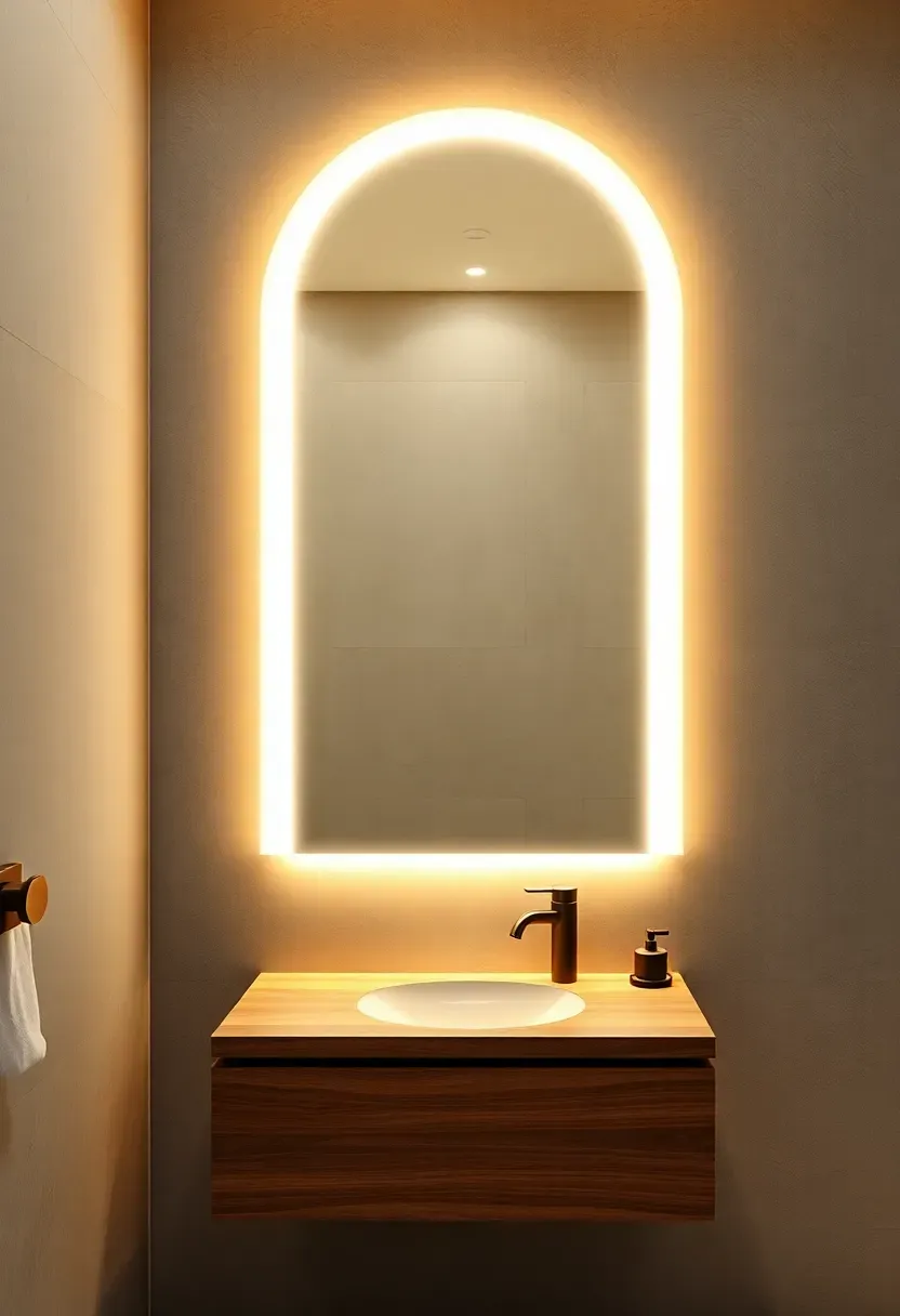 Tall arched backlit mirror with soft halo glow in a contemporary bathroom with a floating vanity and matte black tap