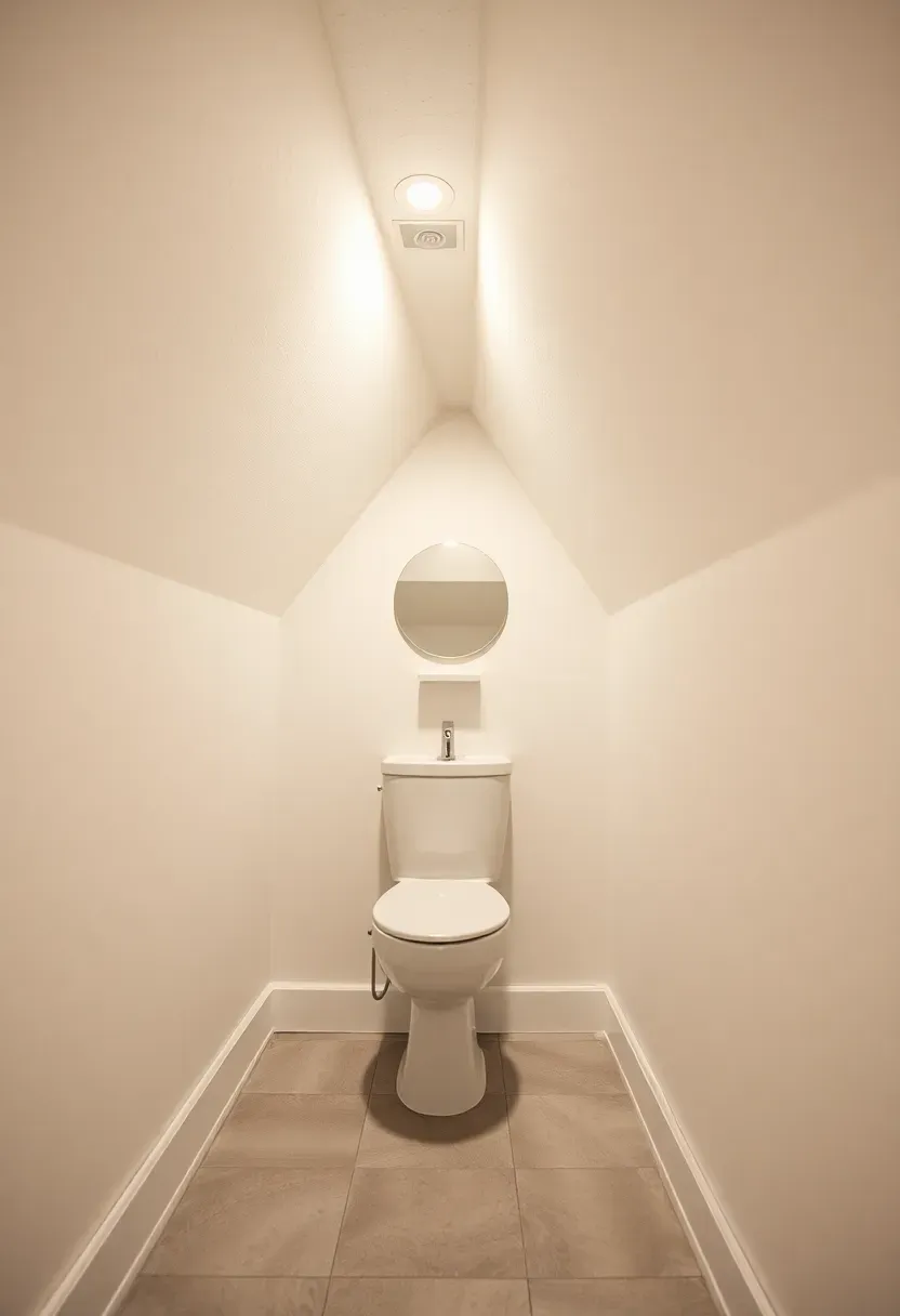 Small half-bath built under a basement staircase with a pedestal sink, wall-mounted toilet, and angled ceiling