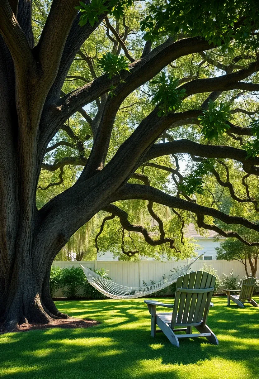 Mature oak tree with a broad canopy shading a backyard lawn with a hammock and scattered Adirondack chairs