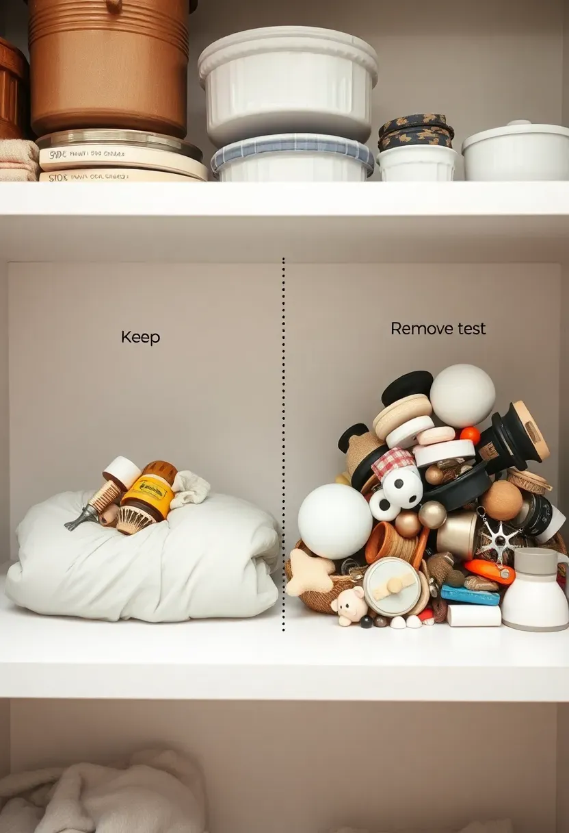 Hyper-realistic view of 90-90 rule evaluation process. White shelf with items being sorted: keep pile (small, recently used) and remove pile (larger, untouched). Small group of items passing 90-90 test visible—essential tools, frequently used clothes, daily cookware. Larger removal pile showing things that failed test—specialty appliances, sentimental decorations, redundant items. Clean organized background. Decision-making framework mood showing practical tool for evaluating possessions through usage lens.</p>