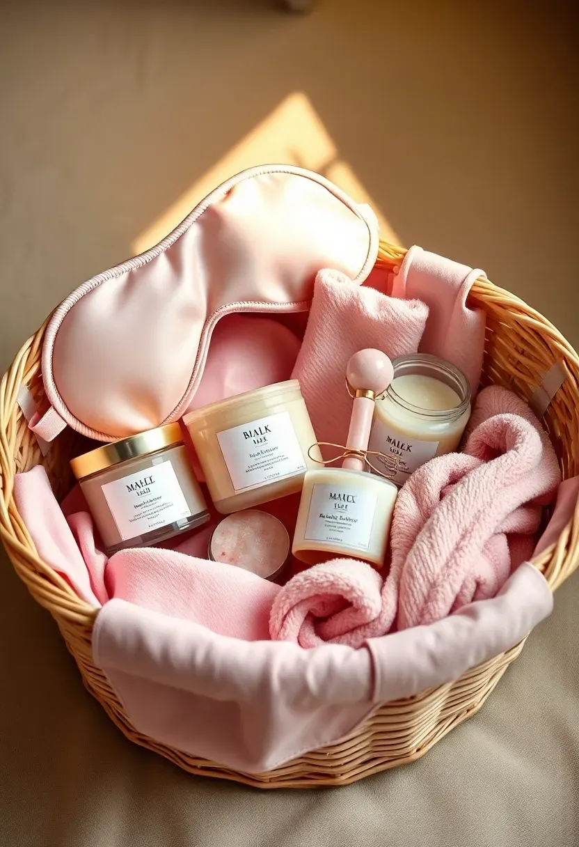 luxury pampering gift basket for new mom with silk sleep mask body butter face roller aromatherapy candle and plush robe in a blush pink basket