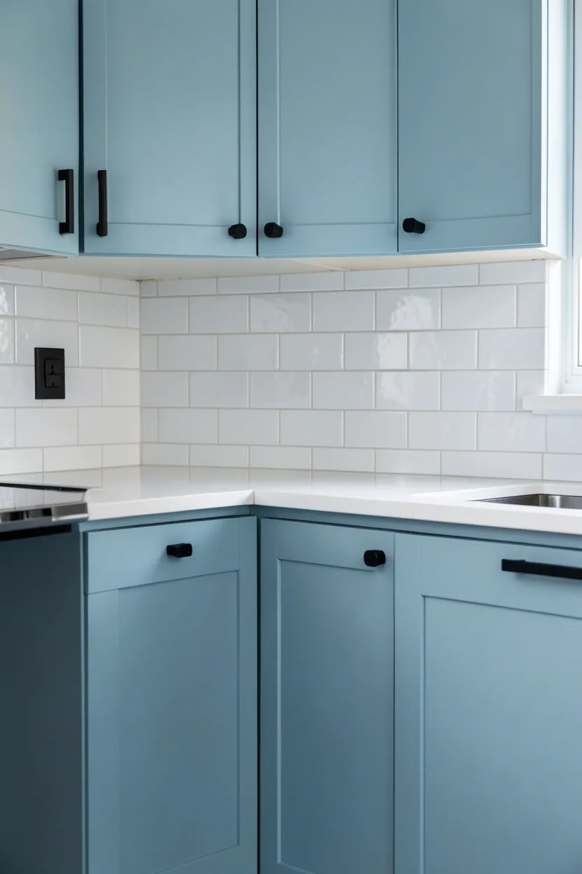 Powder Blue Kitchen Cabinets with Black Hardware