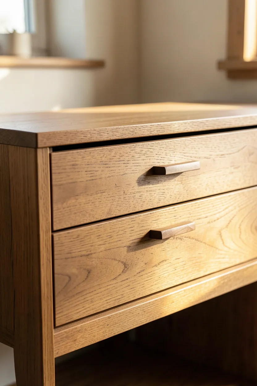 Natural walnut wood dresser with flat-front drawers and simple brass hardware against a warm neutral bedroom wall
