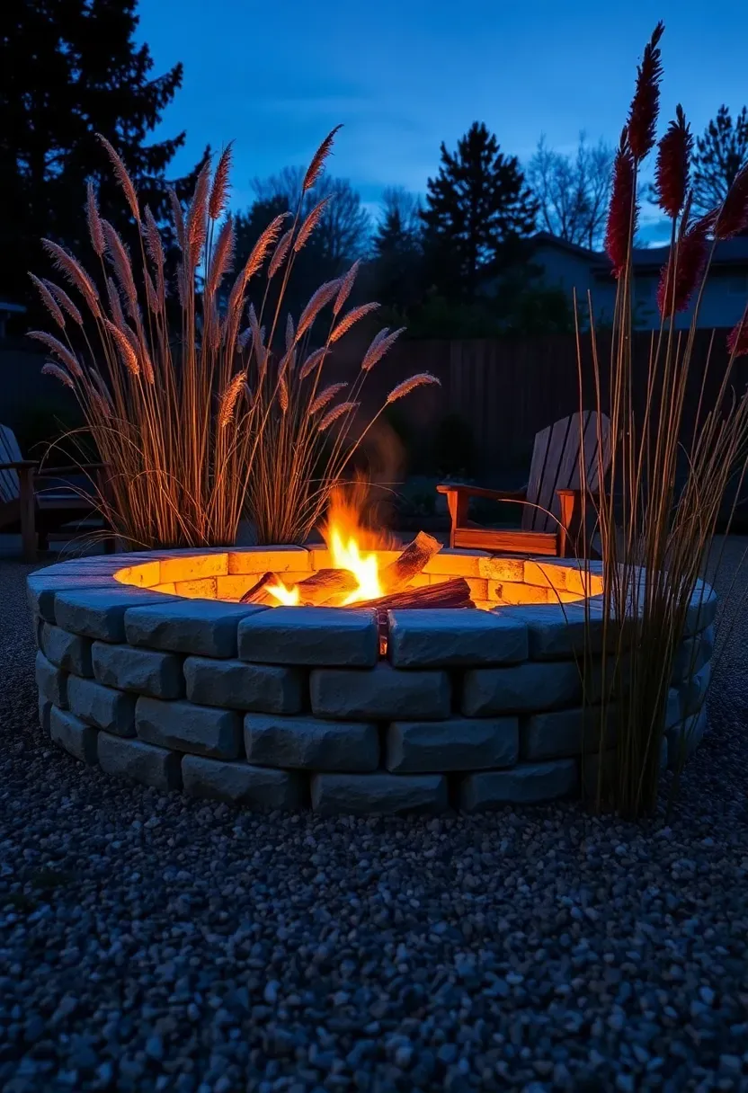 A stone fire pit encircled by tall ornamental grasses like miscanthus and fountain grass, glowing warmly at twilight in a backyard