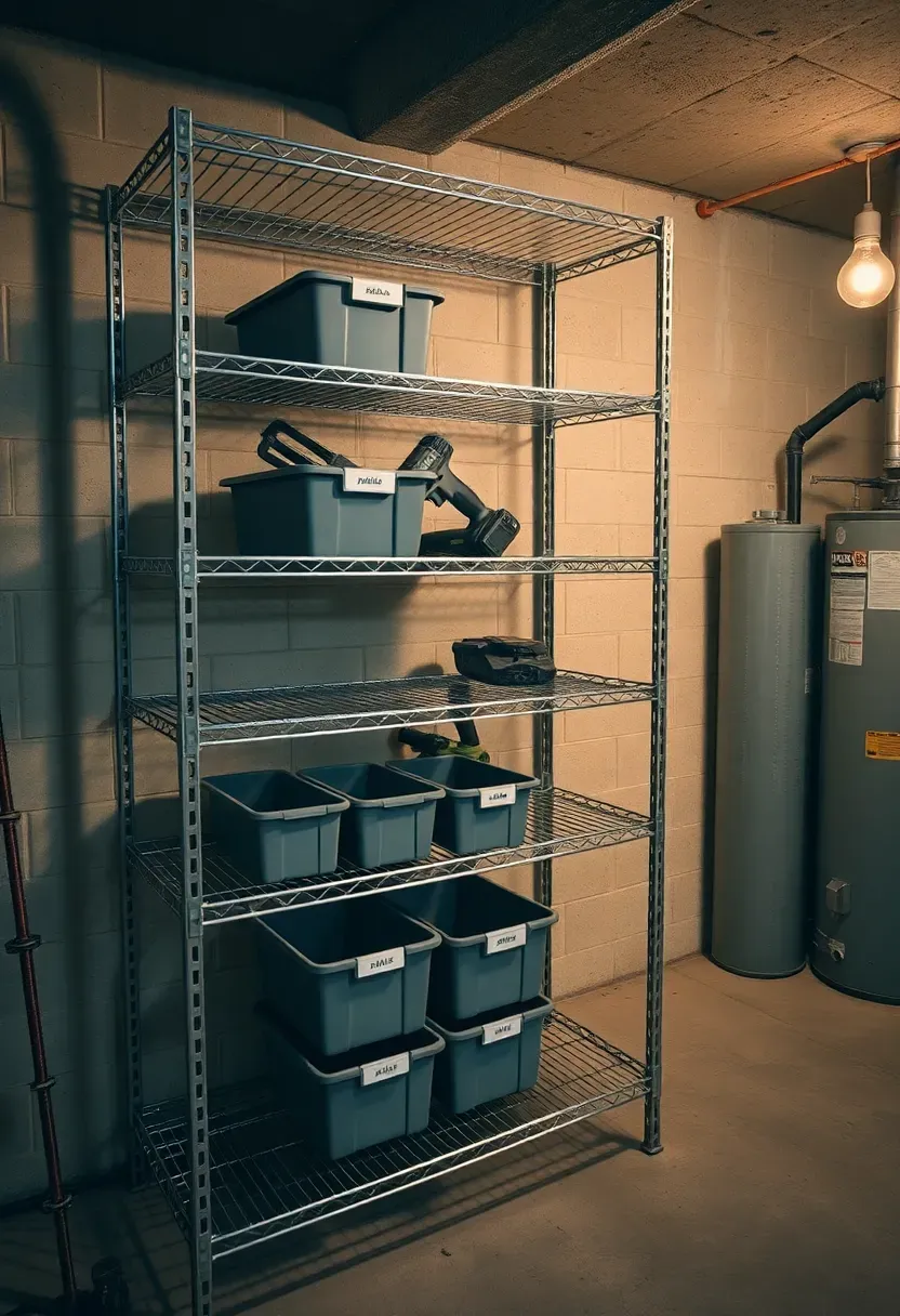 Heavy-duty five-tier steel utility shelving unit in a basement loaded with labeled storage bins and power tools