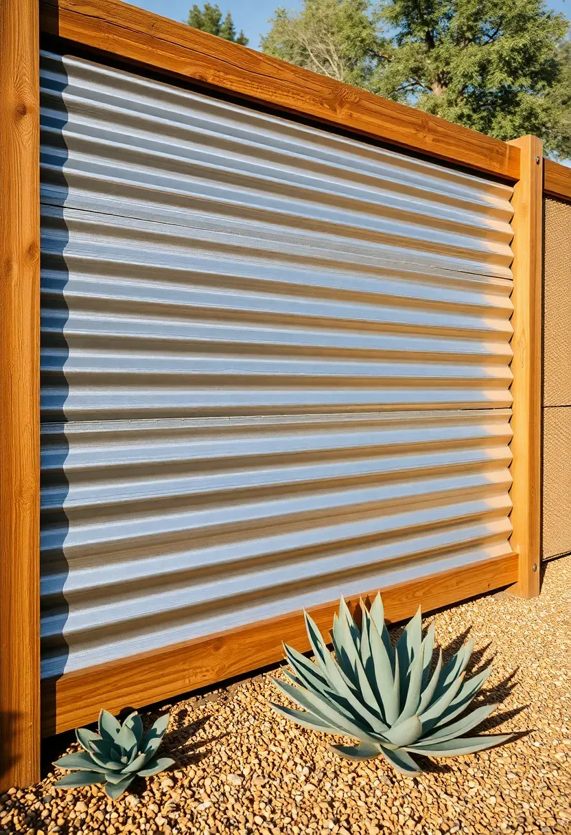 Corrugated metal panel fence with a wooden frame in an industrial-modern backyard with gravel landscaping