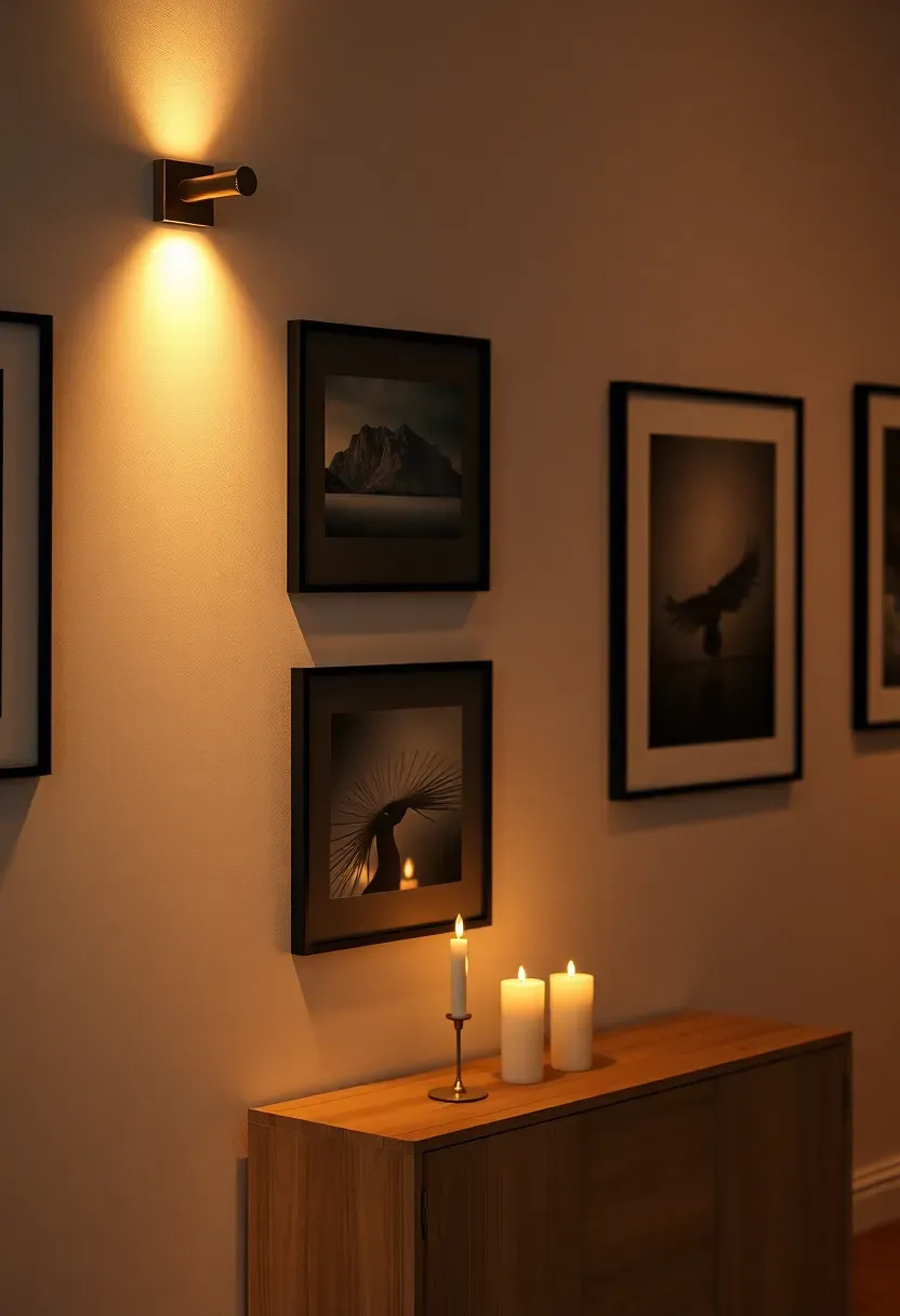 Gallery wall lit from the side by a warm-toned wall sconce, art prints casting subtle shadows — evening atmosphere with candles on a console table below, warm 2700K ambient light