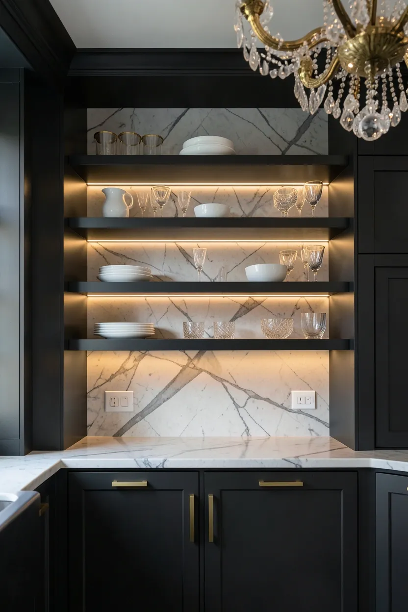 Open floating shelves with integrated LED display lighting showcasing white porcelain and gold-rimmed glassware against a marble backsplash in a luxury kitchen