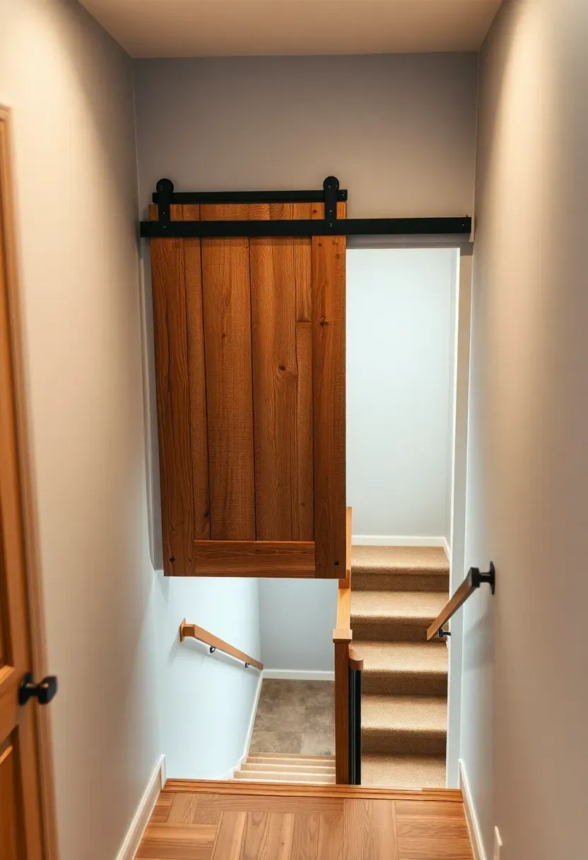 Top of basement stairwell with a rustic sliding barn door on a black metal track partially open revealing the stairs descending below