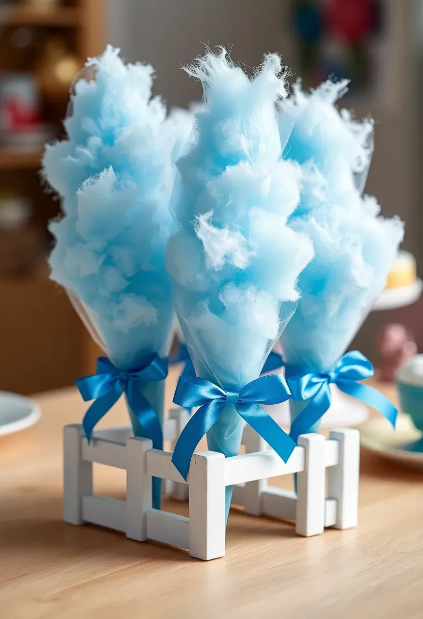 blue raspberry cotton candy arranged in clear cones with blue ribbon at an interactive baby shower dessert station