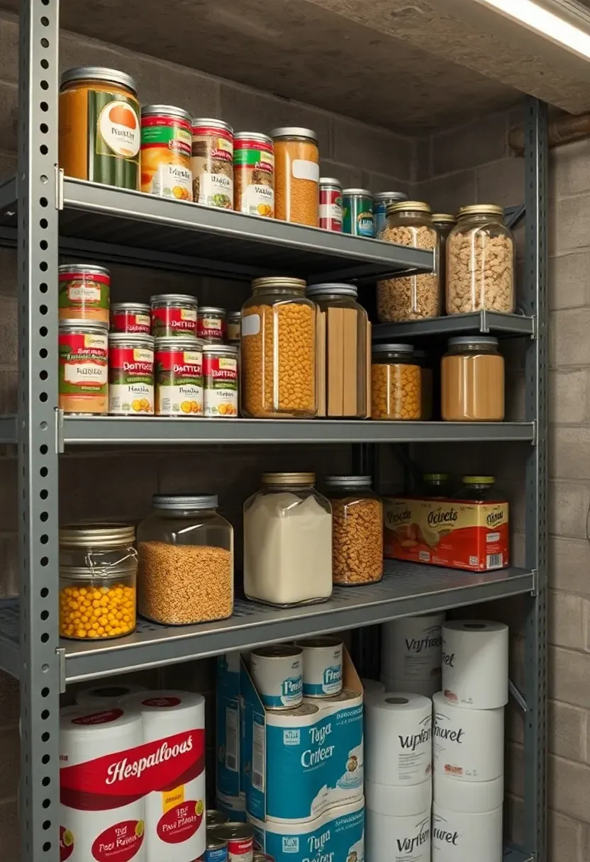 Basement pantry with sturdy metal shelving holding canned goods, dry goods in glass jars, and bulk paper products