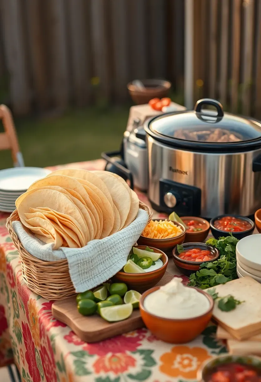 Colorful taco bar setup on a decorated table with tortillas, grilled meats, bowls of toppings, salsas, and lime wedges at a backyard party