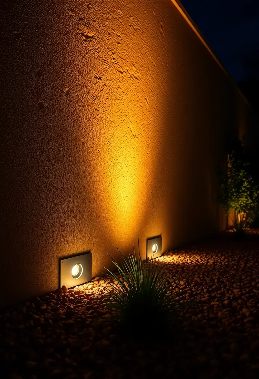 Narrow beam ground wash lights installed at the base of a stucco garden wall casting warm light upward across the textured wall surface at night
