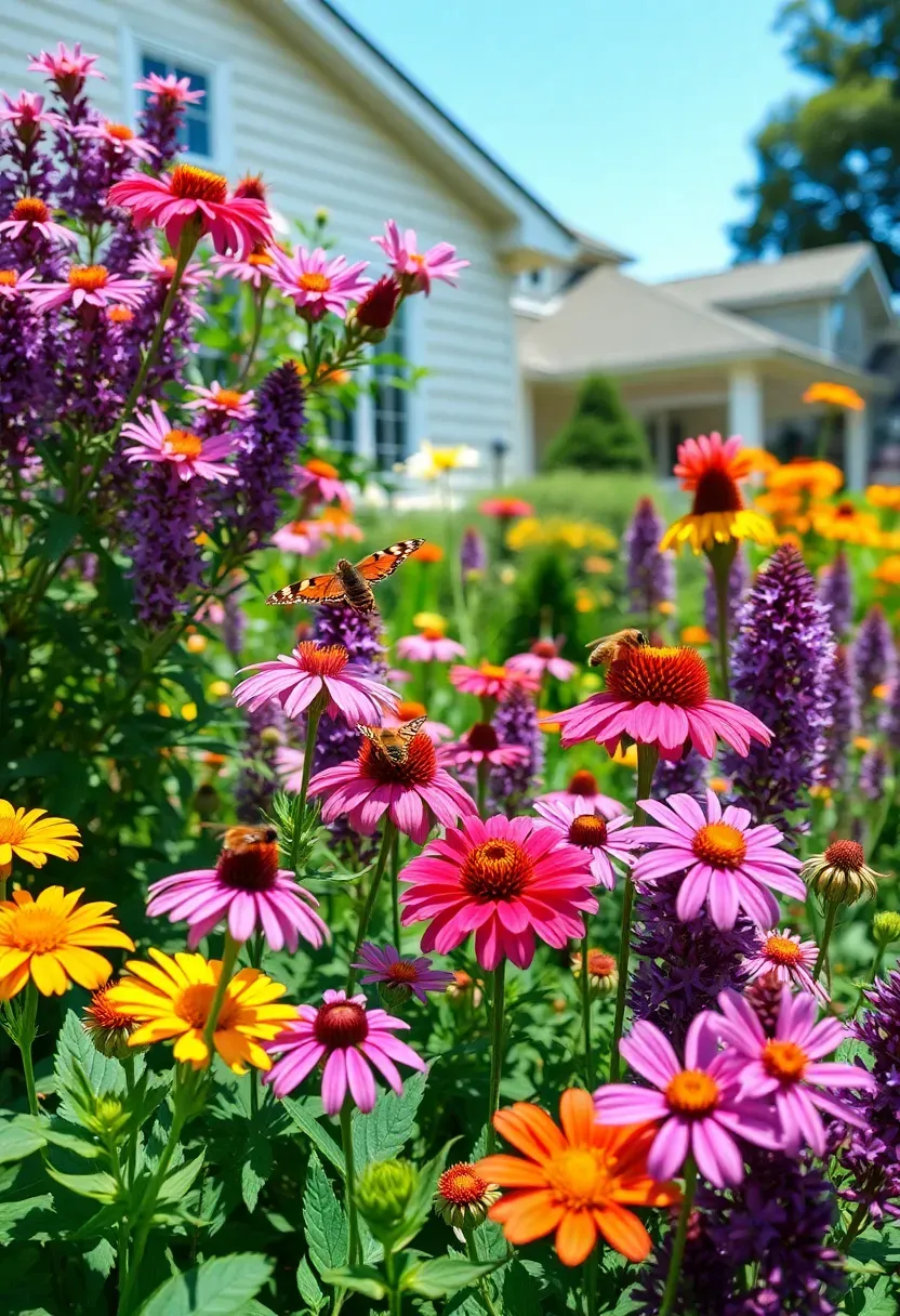 Hyper-realistic 3/4 view of a pollinator front yard garden with butterfly bush, cone flowers, bee balm, milkweed, and salvia blooming abundantly with butterflies and bees visible among flowers. Materials: native flowering plants in purple, pink, orange, yellow, lush green foliage. Bright sunlight capturing pollinator activity, vibrant multicolor blooms. Abundant nectar-rich plantings. Visible traditional home. No text, no logos, no watermarks.</p>