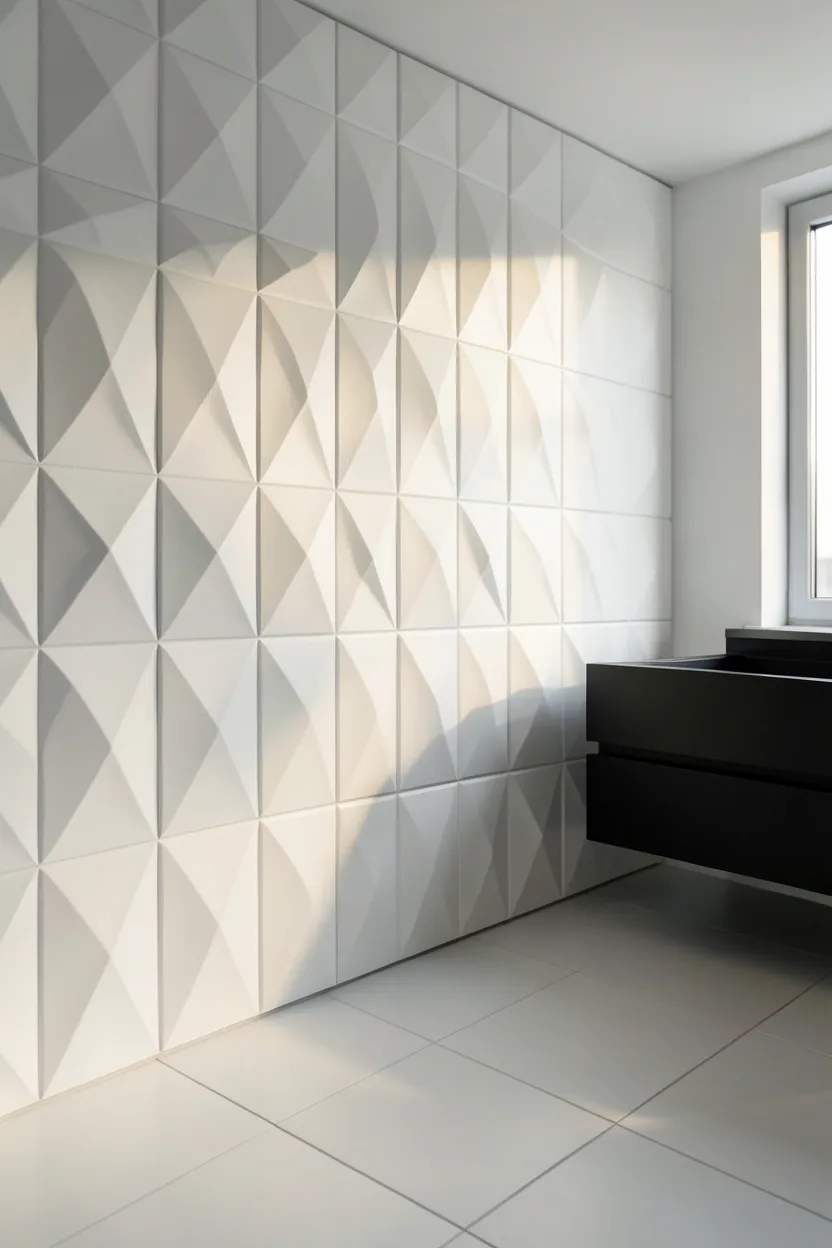 3D geometric textured wall panel behind a floating vanity creating depth and shadow in a modern bathroom