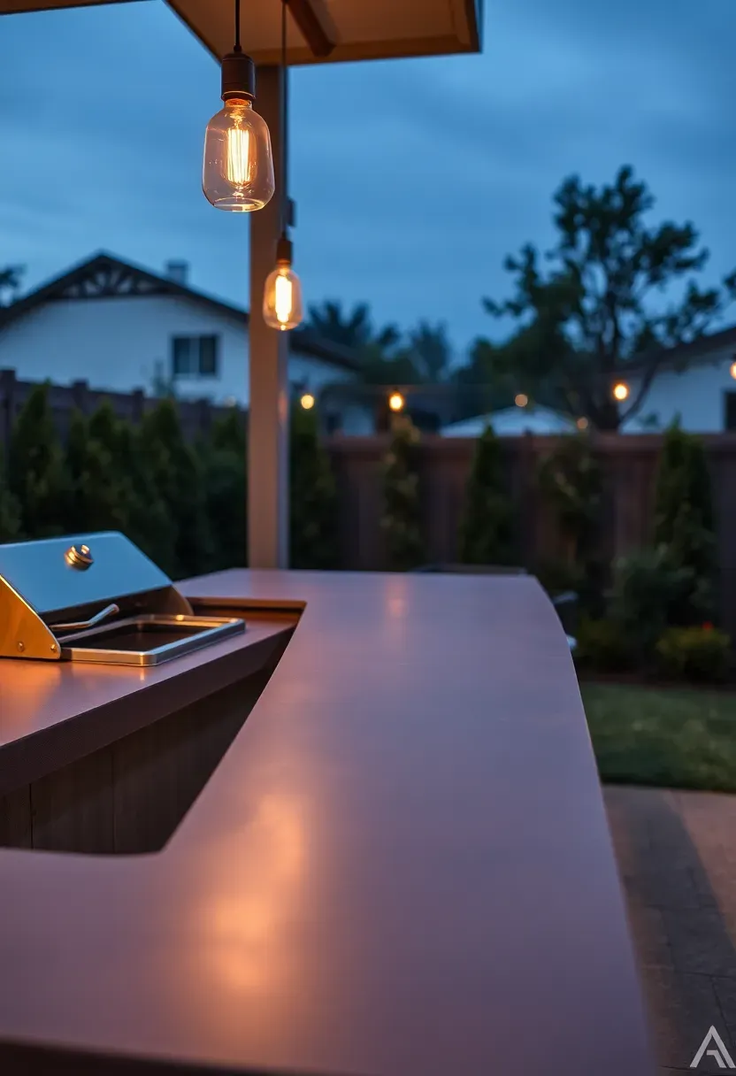 Bar-height outdoor counter with a built-in gas grill at one end, three metal bar stools, pendant lights above, and a polished concrete countertop