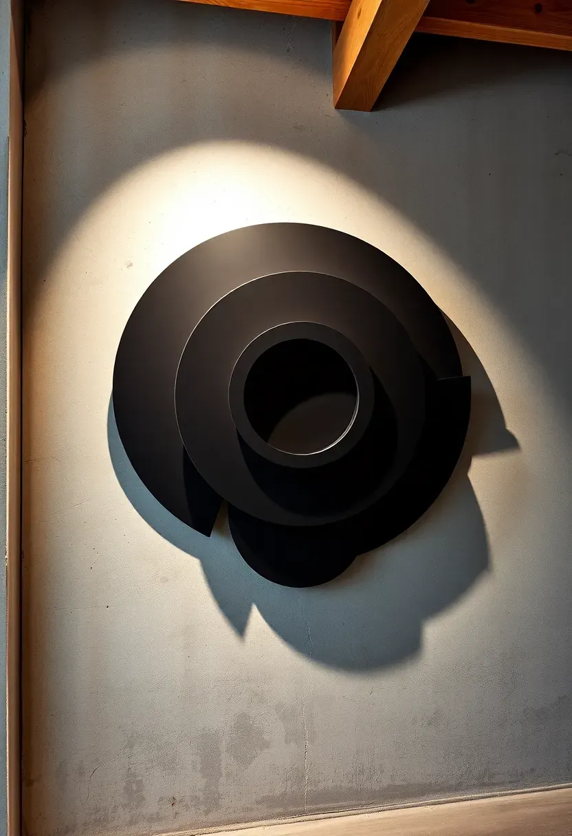 abstract industrial metal wall sculpture in matte black with geometric overlapping shapes