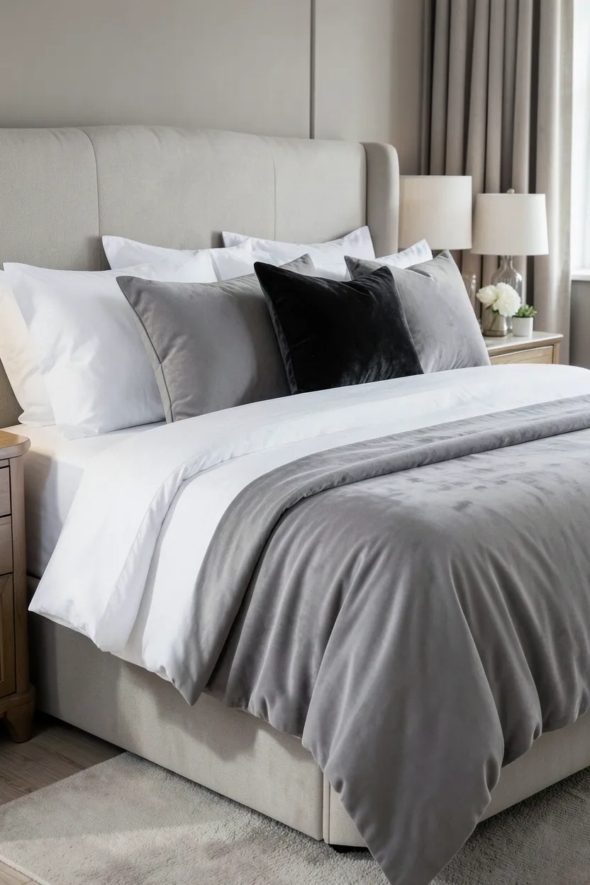 Oatmeal linen slipcovered sofa with warm oak wood frame styled with earth-tone throw pillows in a cozy rental living room