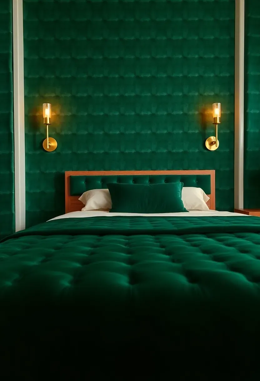 opulent bedroom with a full velvet upholstered headboard wall in deep emerald green extending from floor to ceiling behind a tufted bed