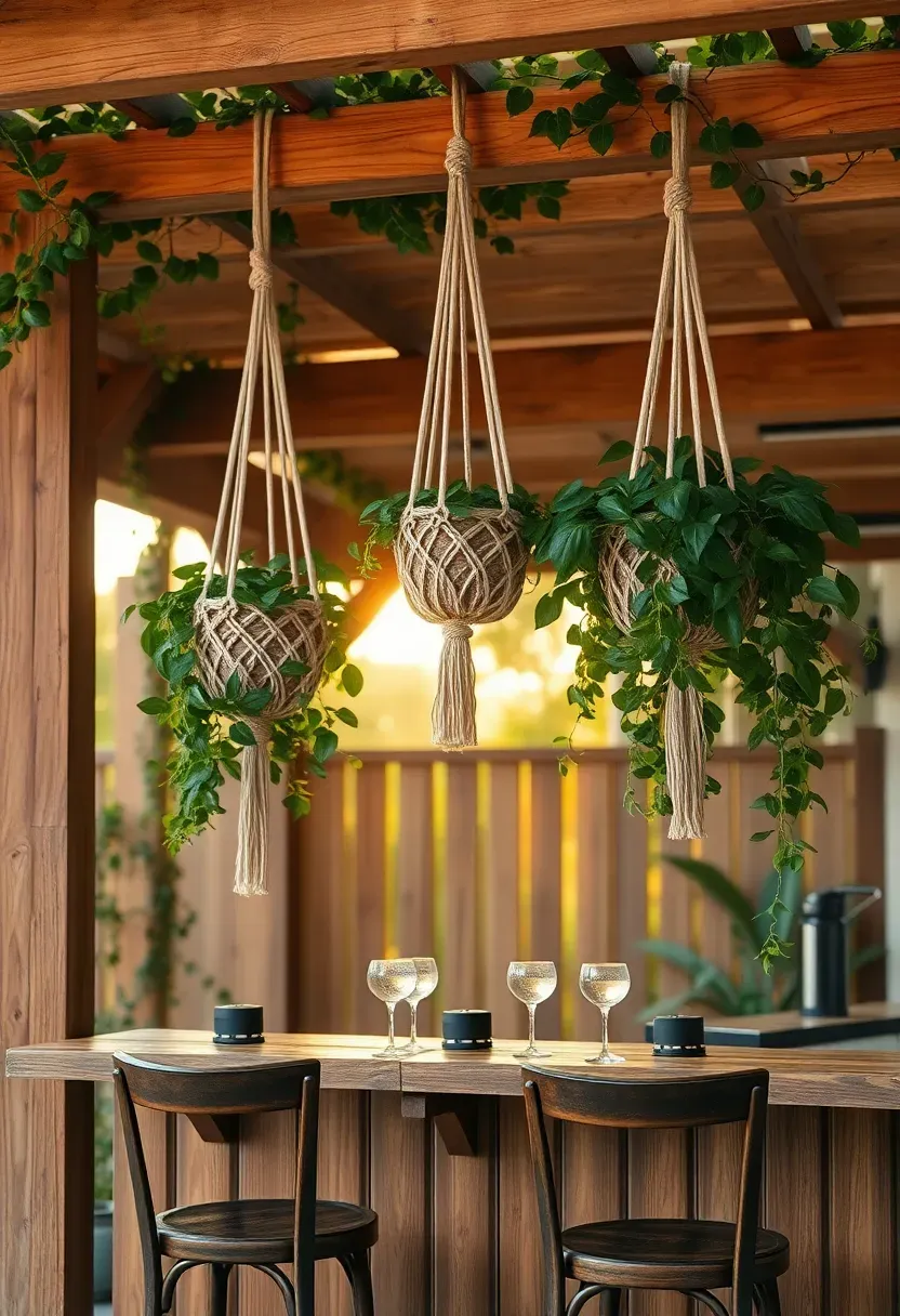 Pergola with climbing vines and hanging planters over a wooden backyard bar, stools, pendant lights, cocktail glasses on the counter at golden hour