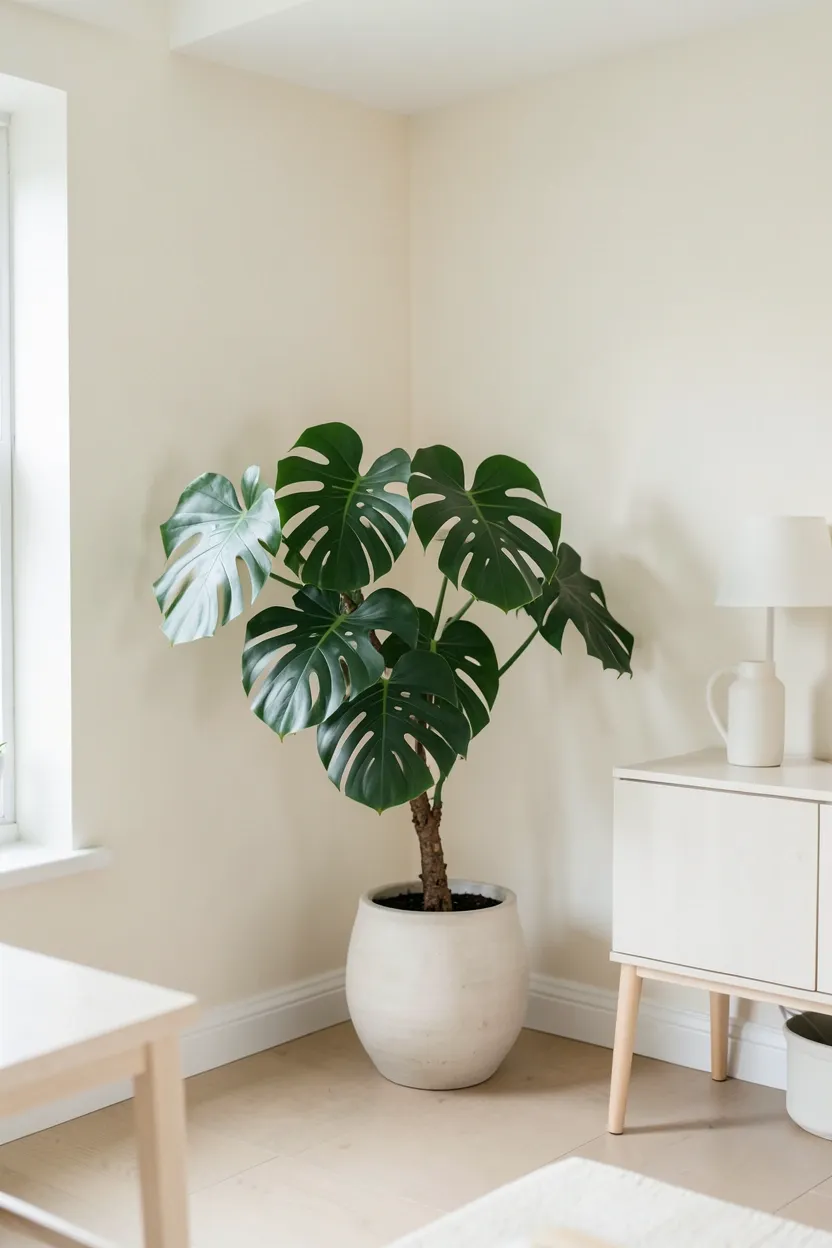 Large fiddle leaf fig and pothos trailing from a shelf in a minimalist rental corner with ceramic pots