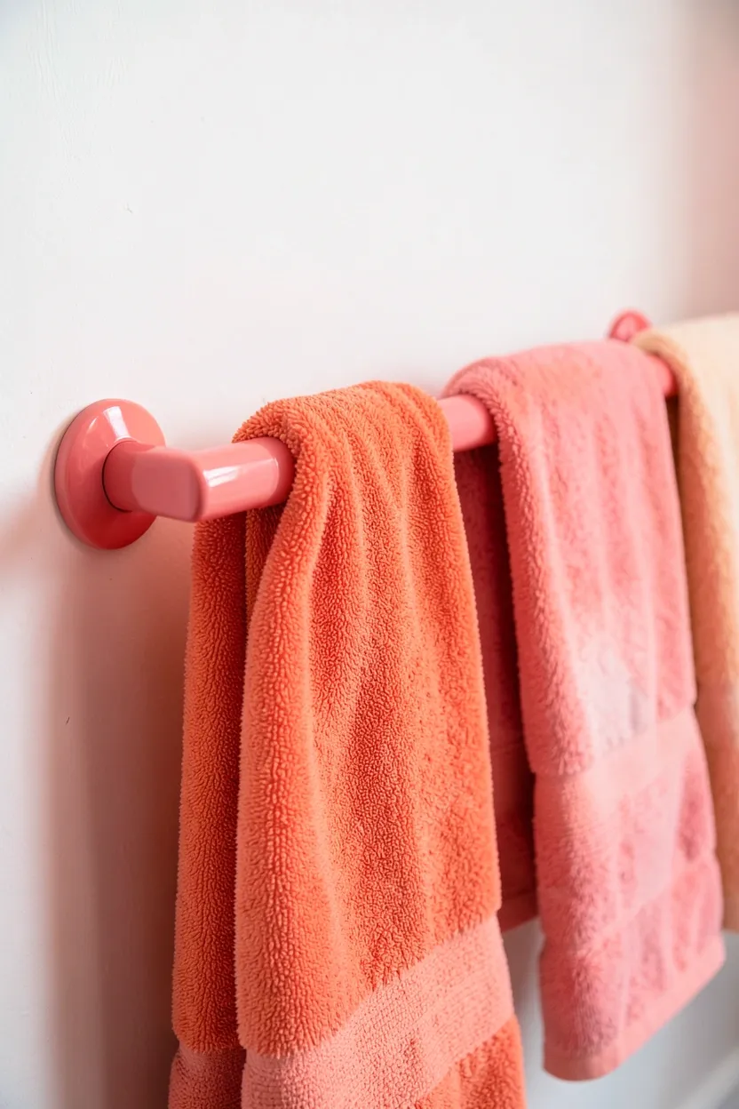 Glossy coral pink towel bar mounted on a white bathroom wall with coordinating peach and rose hand towels