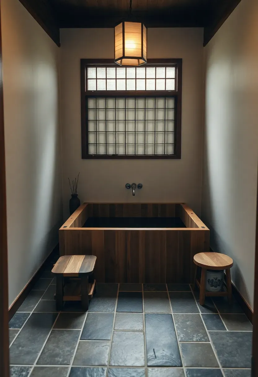 Hyper-realistic straight-on view of compact ofuro soaking area in Japanese tiny house bathroom. Deep square wooden tub (36x36 inches, 30 inches deep) with bench seating, stone tile floor, small wooden stool and bucket nearby. Shoji window above tub. Materials: hinoki wood tub, slate tile floor, white plaster walls, bamboo accents. Warm ambient light from overhead lantern and shoji window, creating serene bathing atmosphere. Shallow depth of field showing wood grain and water surface. Meditative Japanese bathroom mood.</p>