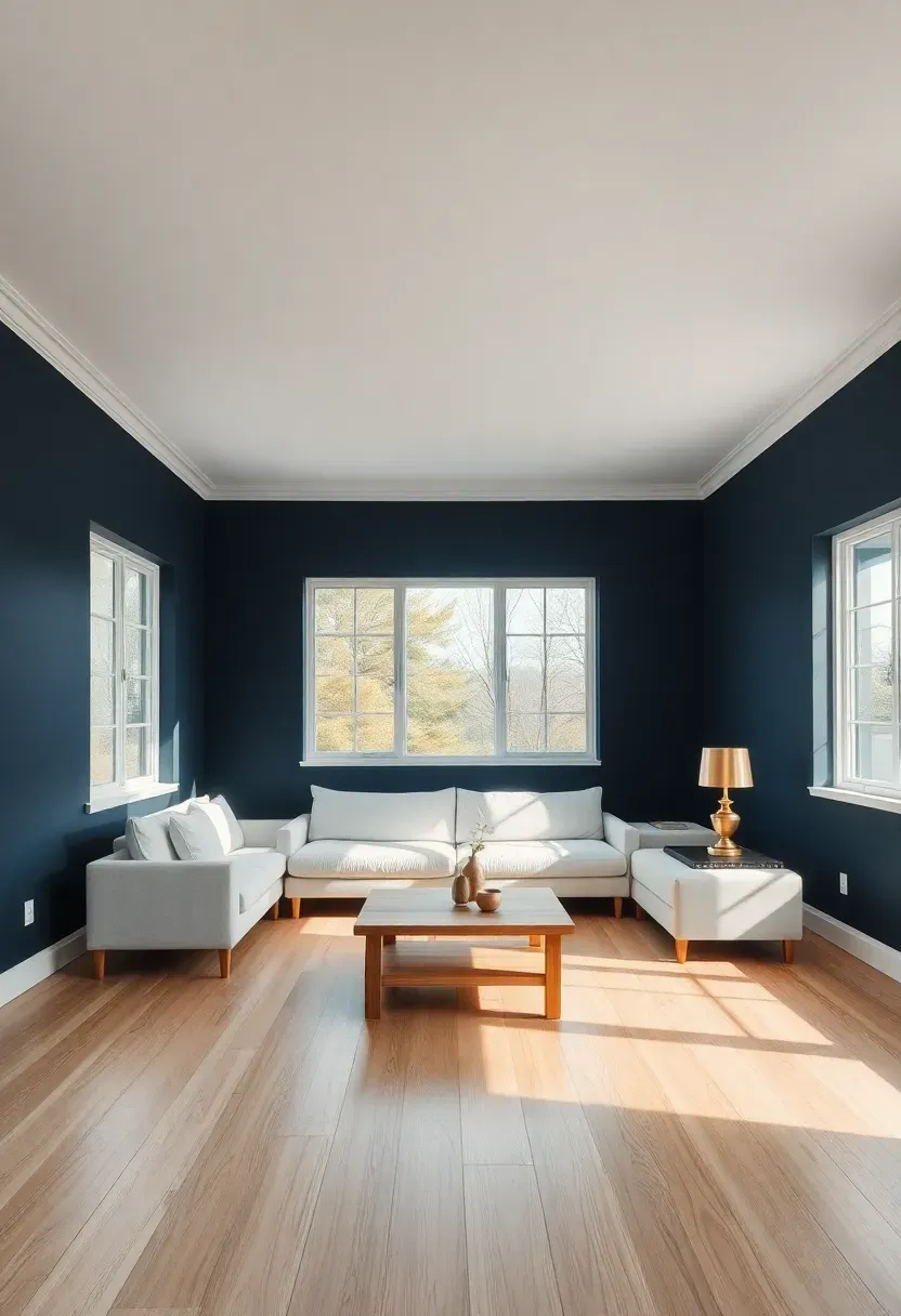 Hyper-realistic wide shot of minimalist living room with floor-to-ceiling navy blue walls on all sides, white ceiling, light oak flooring, white sofa, light oak coffee table, minimal brass accents. Materials: matte navy blue paint, white ceiling paint, light oak planks, white linen sofa, brass table lamp. Abundant natural daylight from large windows, dramatic shadows enhancing navy's depth, rich and intimate atmosphere with 11-foot ceiling. Shallow depth of field, sharp contrast between navy surfaces and white ceiling, no clutter, no text, no watermarks.</p>
