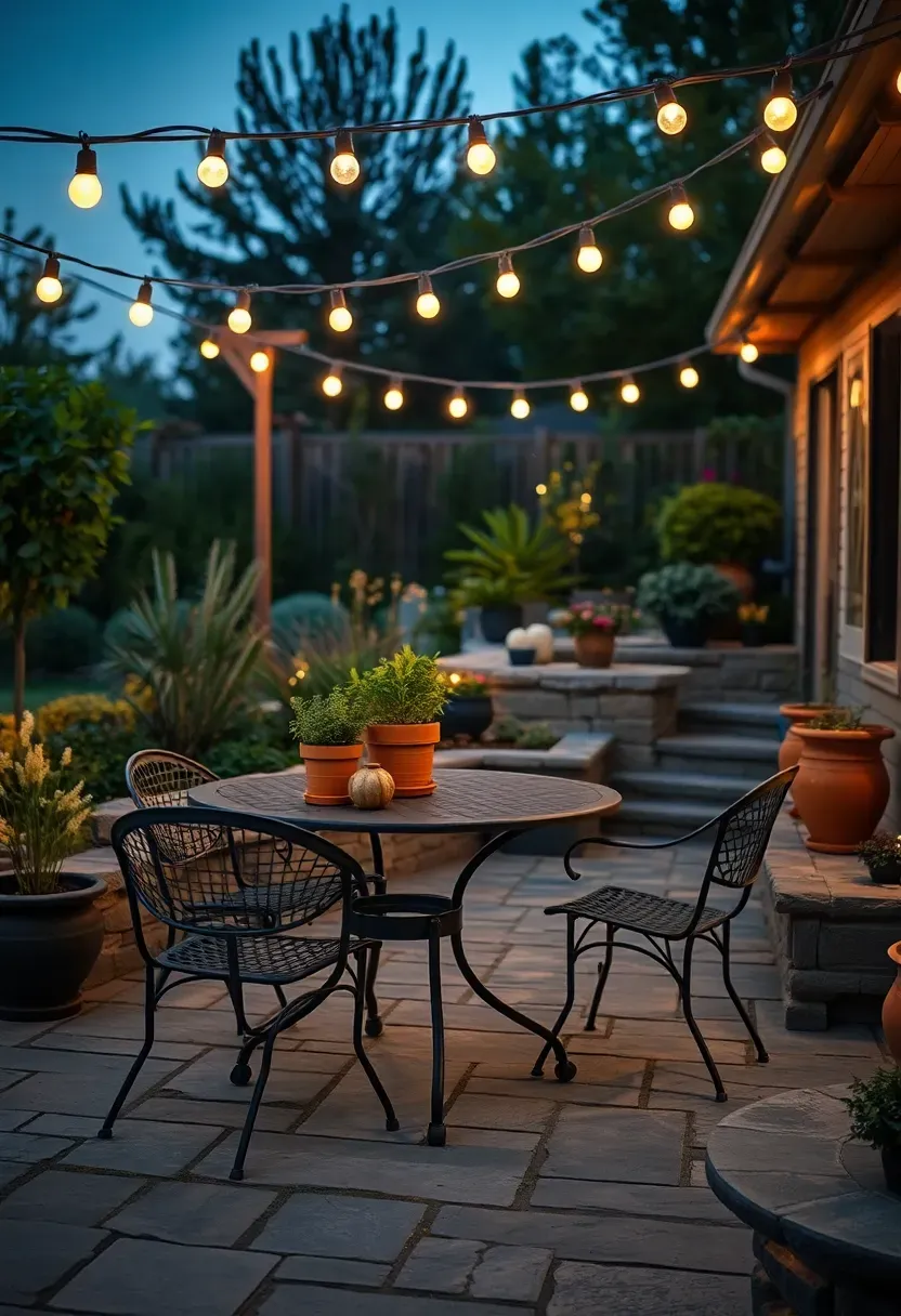 Warm white string lights arranged in a zigzag pattern over a stone patio with a dining set and potted herbs at twilight