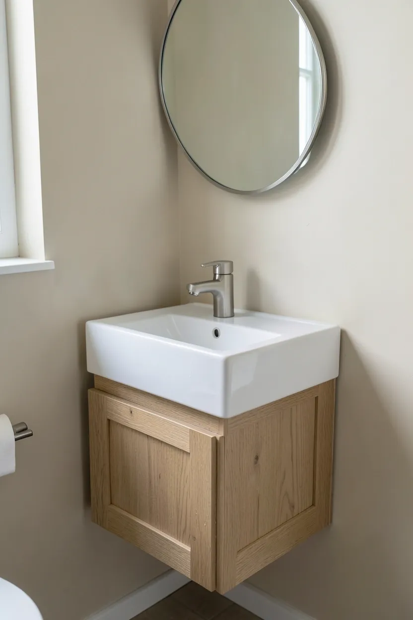 Light oak compact corner vanity with white vessel sink and wall-mounted brushed nickel faucet in a small bathroom