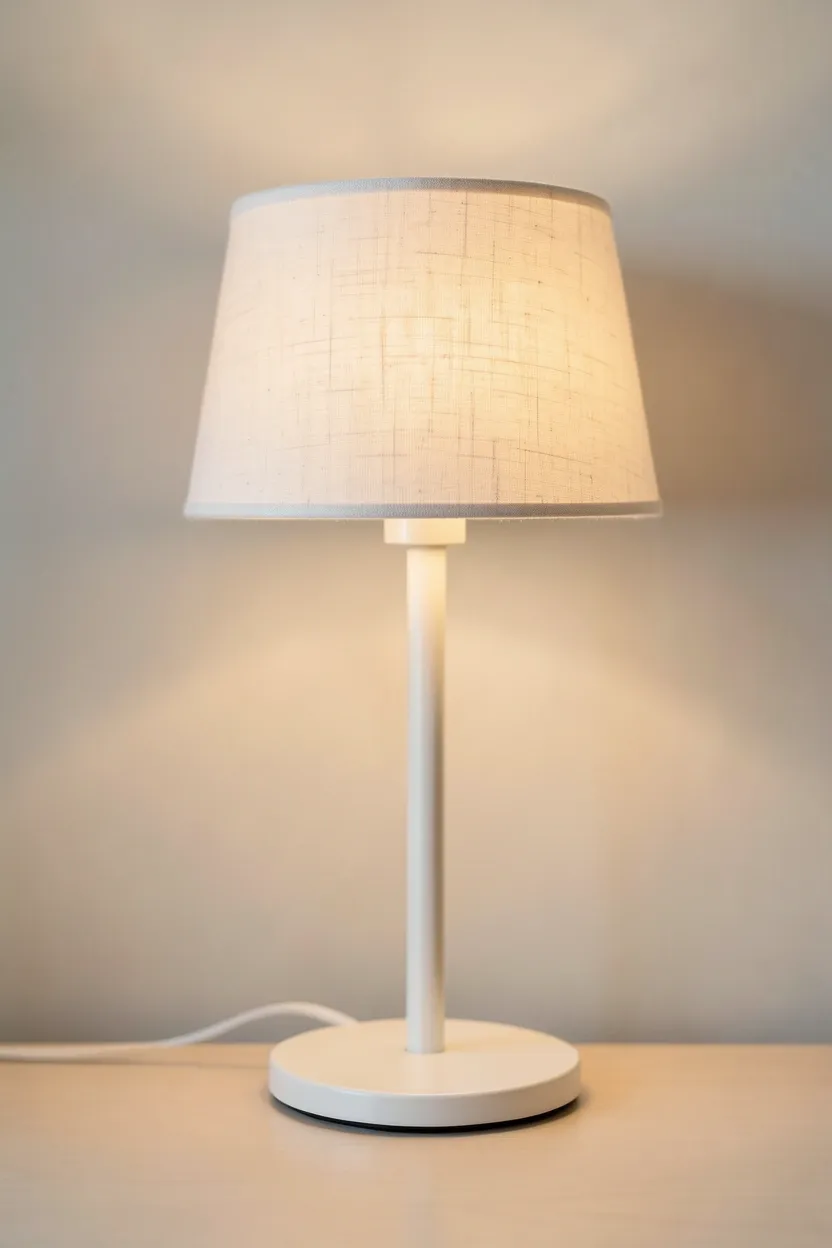 Slim floor lamp with a cream fabric shade in the corner of a neutral bedroom creating soft ambient light