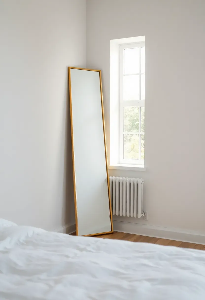 small bedroom with large leaning full-length mirror opposite the window, reflecting natural light and doubling visual depth, warm neutral room