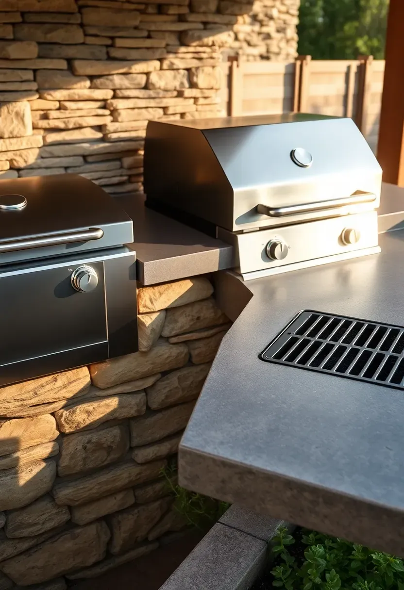 Outdoor grill island with both a gas burner and charcoal grill insert, stone base, concrete countertop, and herb garden growing alongside