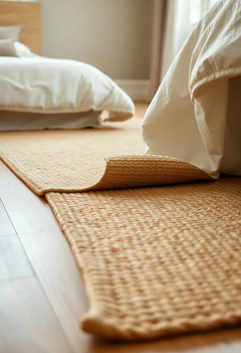 Large natural jute rug being unrolled on a wood floor in a bedroom with light oak bed frame visible at the edge
