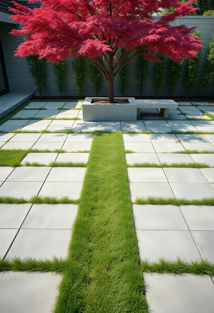 Modern minimalist backyard with a grid pattern of square concrete pavers and grass strips between them leading to a single concrete planter box and bench