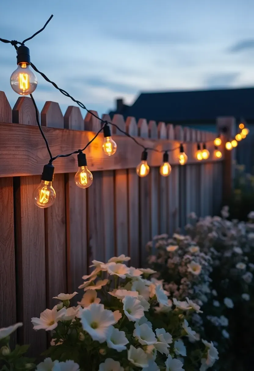 Outdoor string lights strung along a wooden fence at dusk creating warm golden ambiance in a landscaped backyard garden