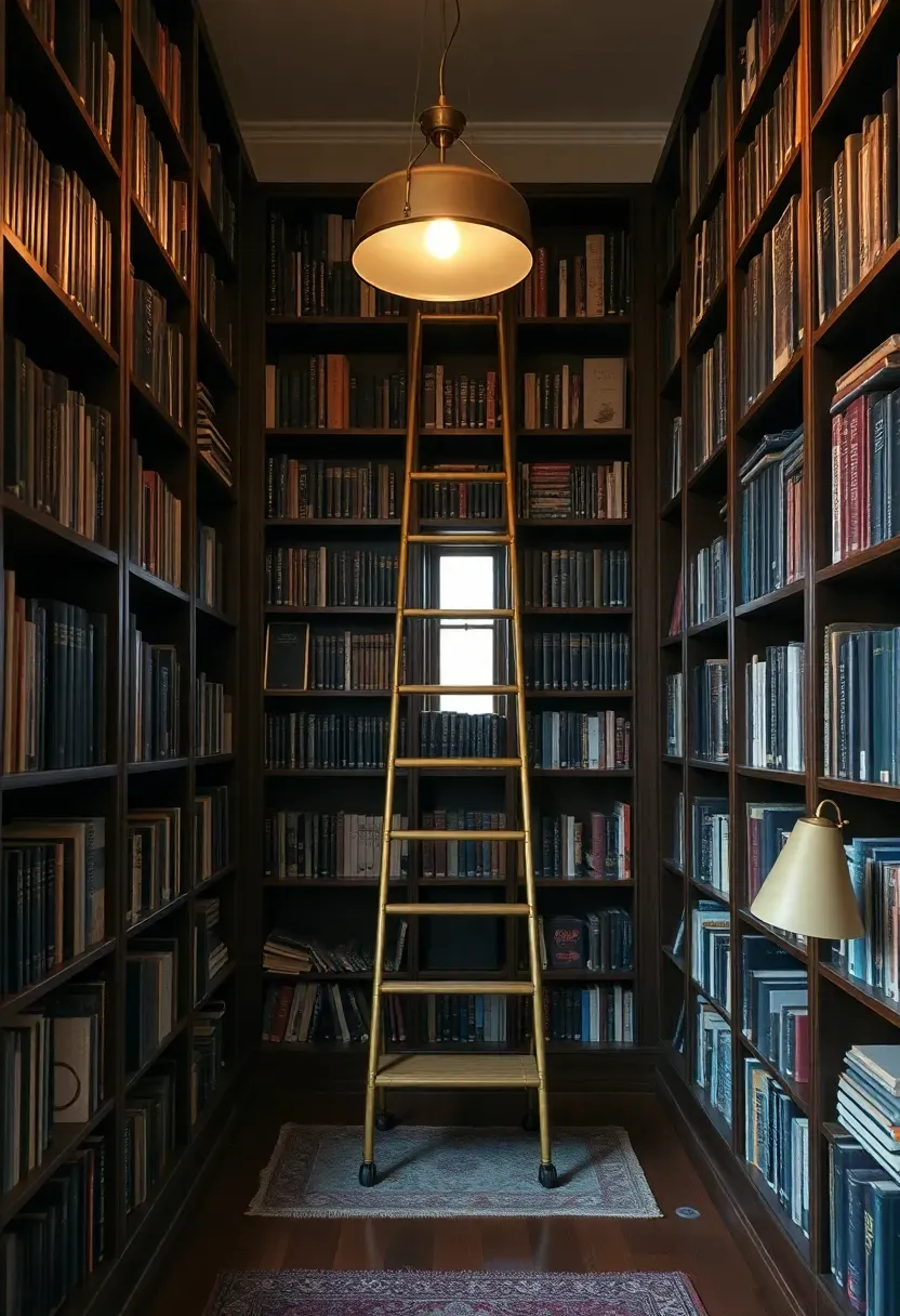 Hyper-realistic 3/4 view of tall bookshelves with rolling brass ladder, books organized on shelves, small stepping platform at bottom. Materials: dark wood shelves, brass ladder hardware, matte book covers, wood floor with rug. Warm ambient lighting from overhead pendant and floor lamp, soft shadows. Ladder at slight angle, sharp details on ladder and books, visible room context with window. No text, no logos, no watermarks.</p>