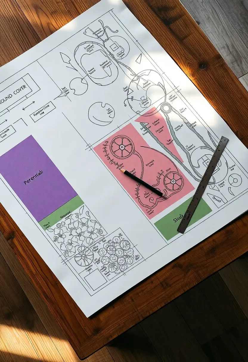 Detailed planting plan diagram showing labeled garden bed zones with perennials, ground cover, and shrubs for a backyard border
