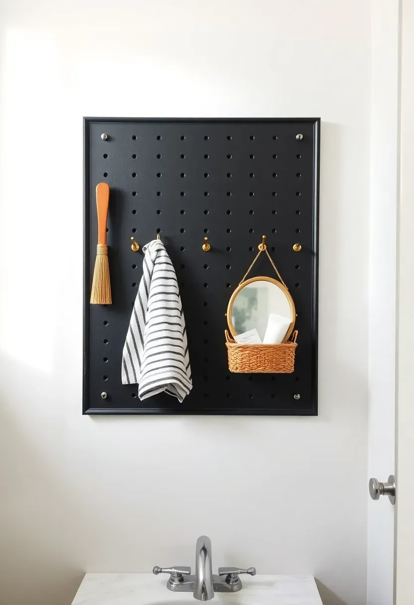 Black pegboard panel mounted above a bathroom sink with hooks holding a hairbrush hand towel and small mirror