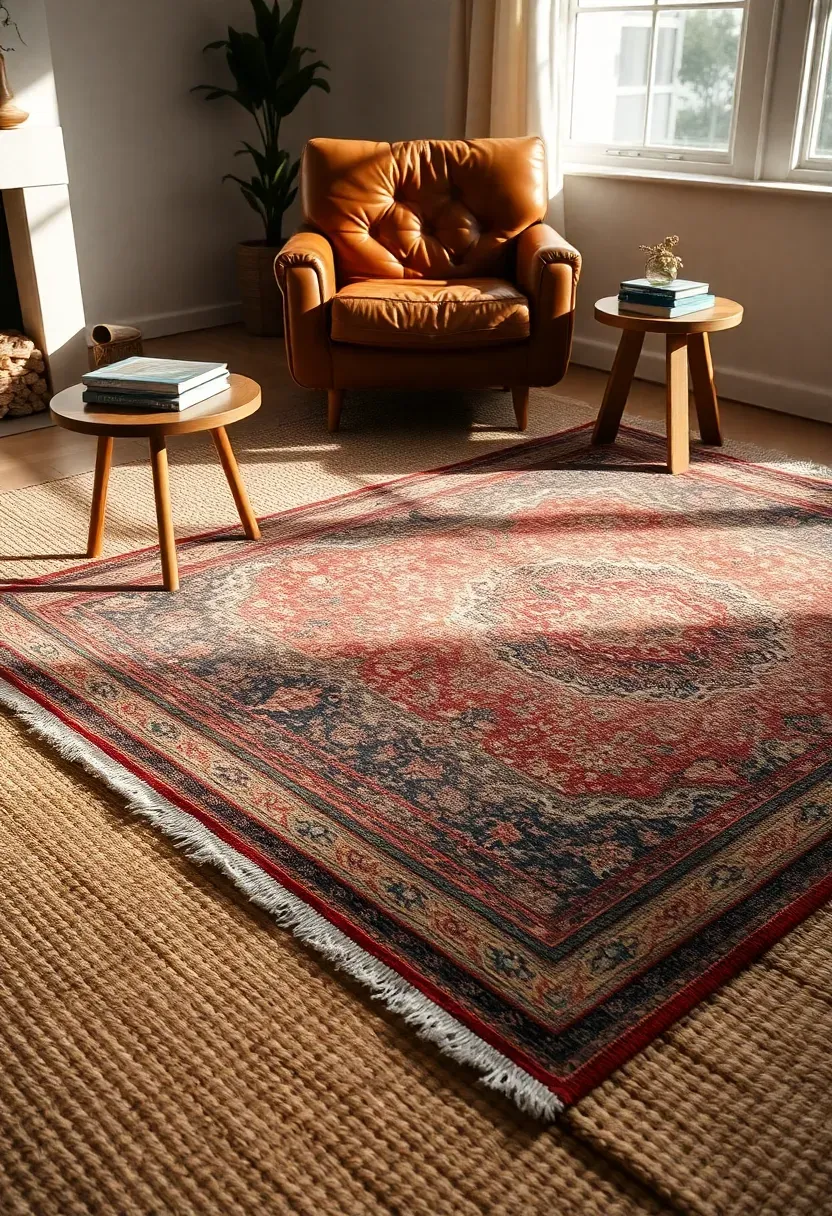 Living room floor showing layered rugs — a large sisal base rug with a smaller vintage Persian rug on top, anchoring a leather armchair and side table