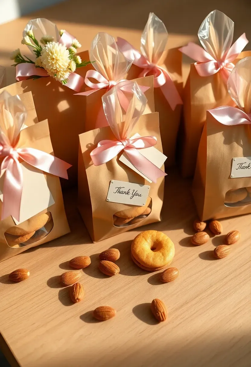 baby shower favor bags filled with homemade cookies, candy, and small treats tied with ribbon and personalized thank-you tags