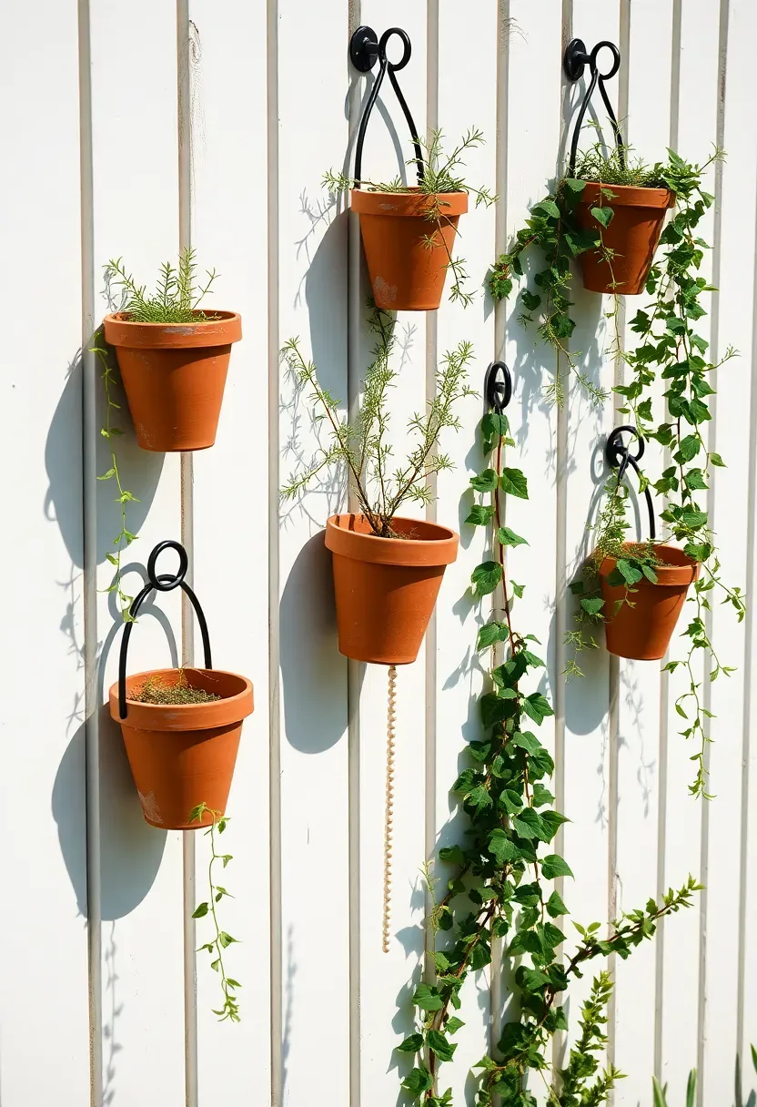 Vertical wall of mounted terracotta and ceramic planters on a painted white fence with trailing plants and herbs cascading down