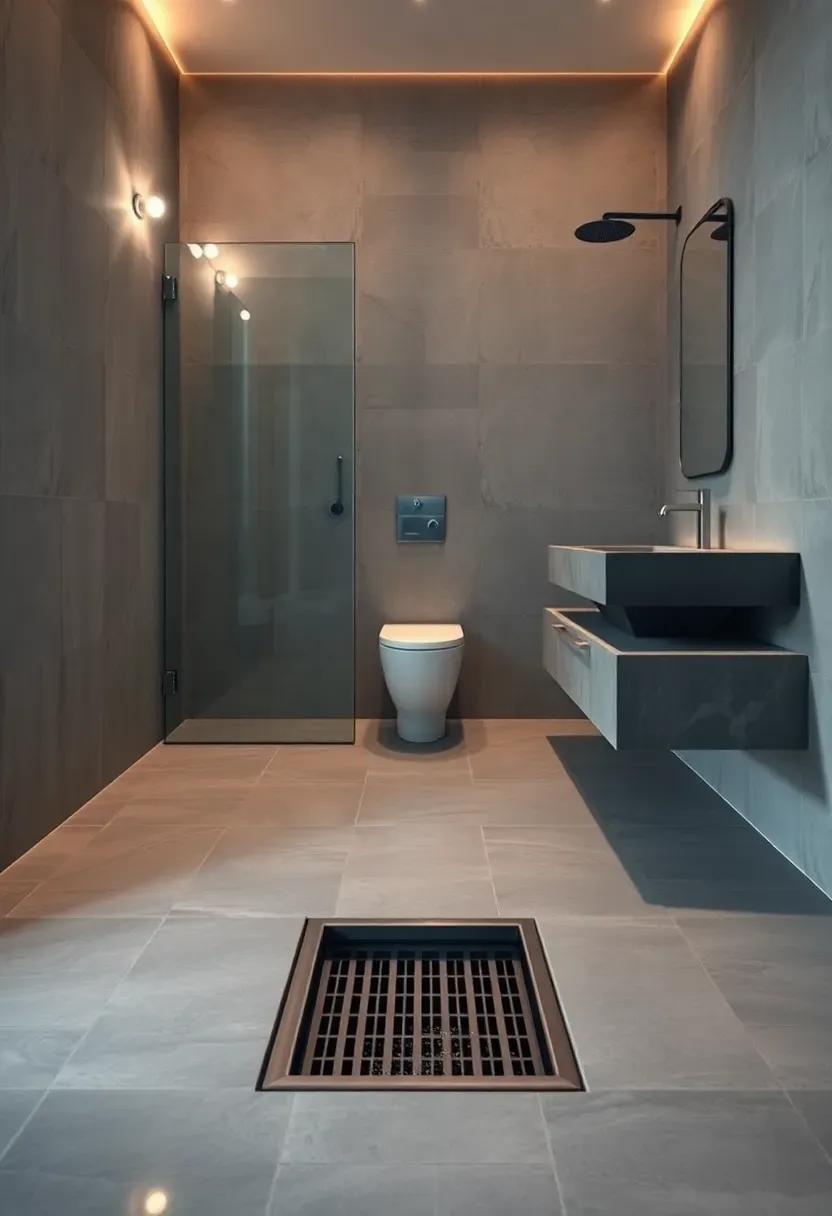 Modern wet room bathroom with sloped floor, glass partition, and wall-mounted fixtures