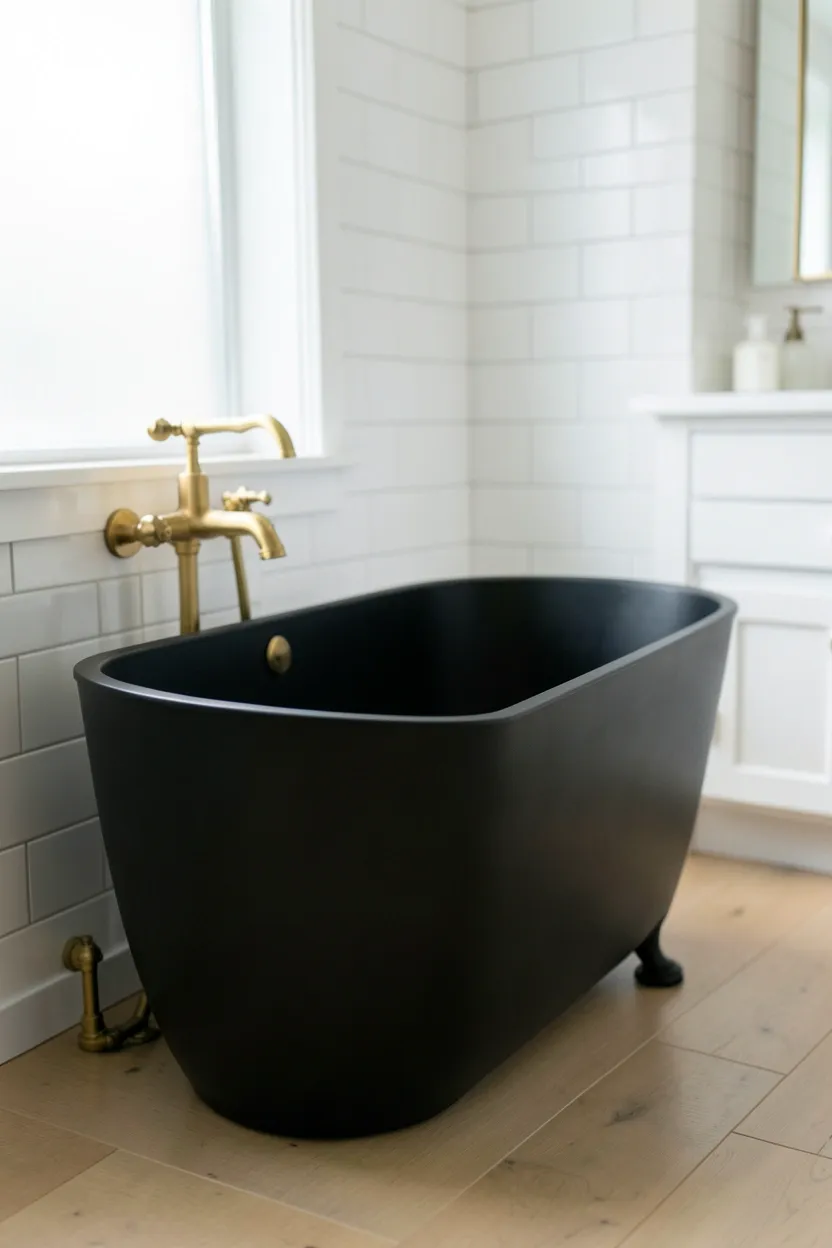 Matte black freestanding acrylic bathtub on white marble floor — dramatic statement piece for a modern bathroom
