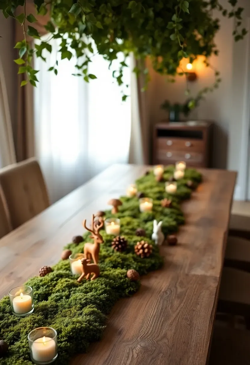 enchanted forest baby shower with moss table runner fairy lights and woodland creatures