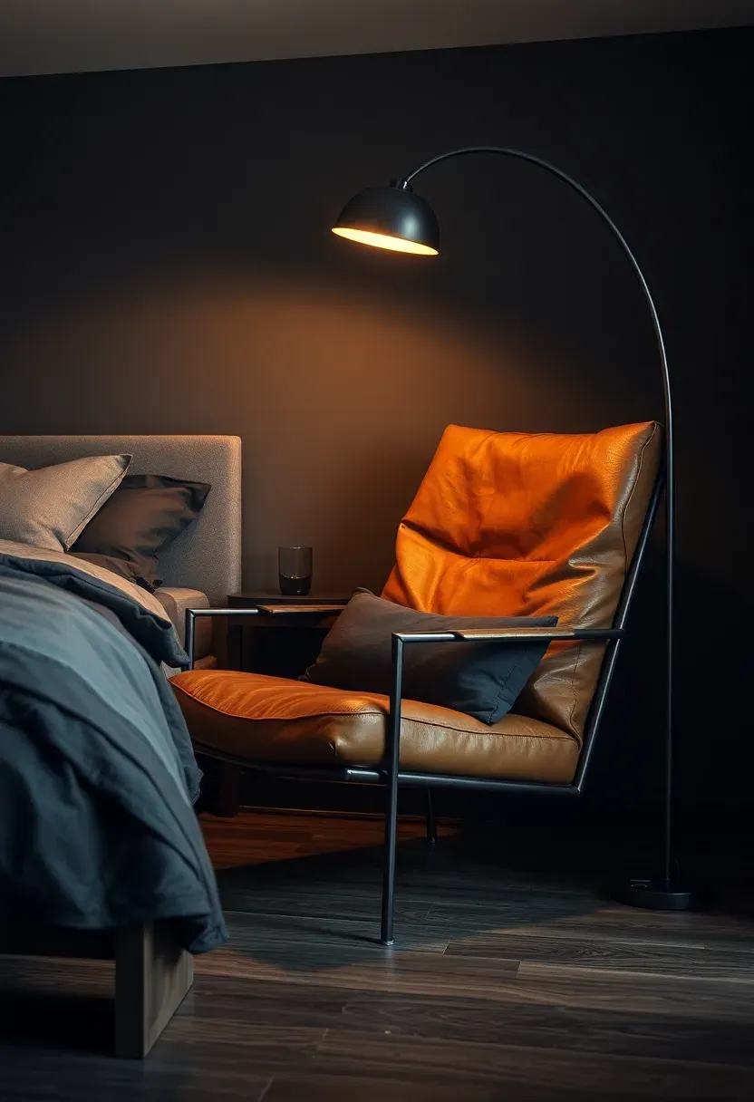 masculine bedroom with vintage leather chesterfield headboard and chrome retro lamp