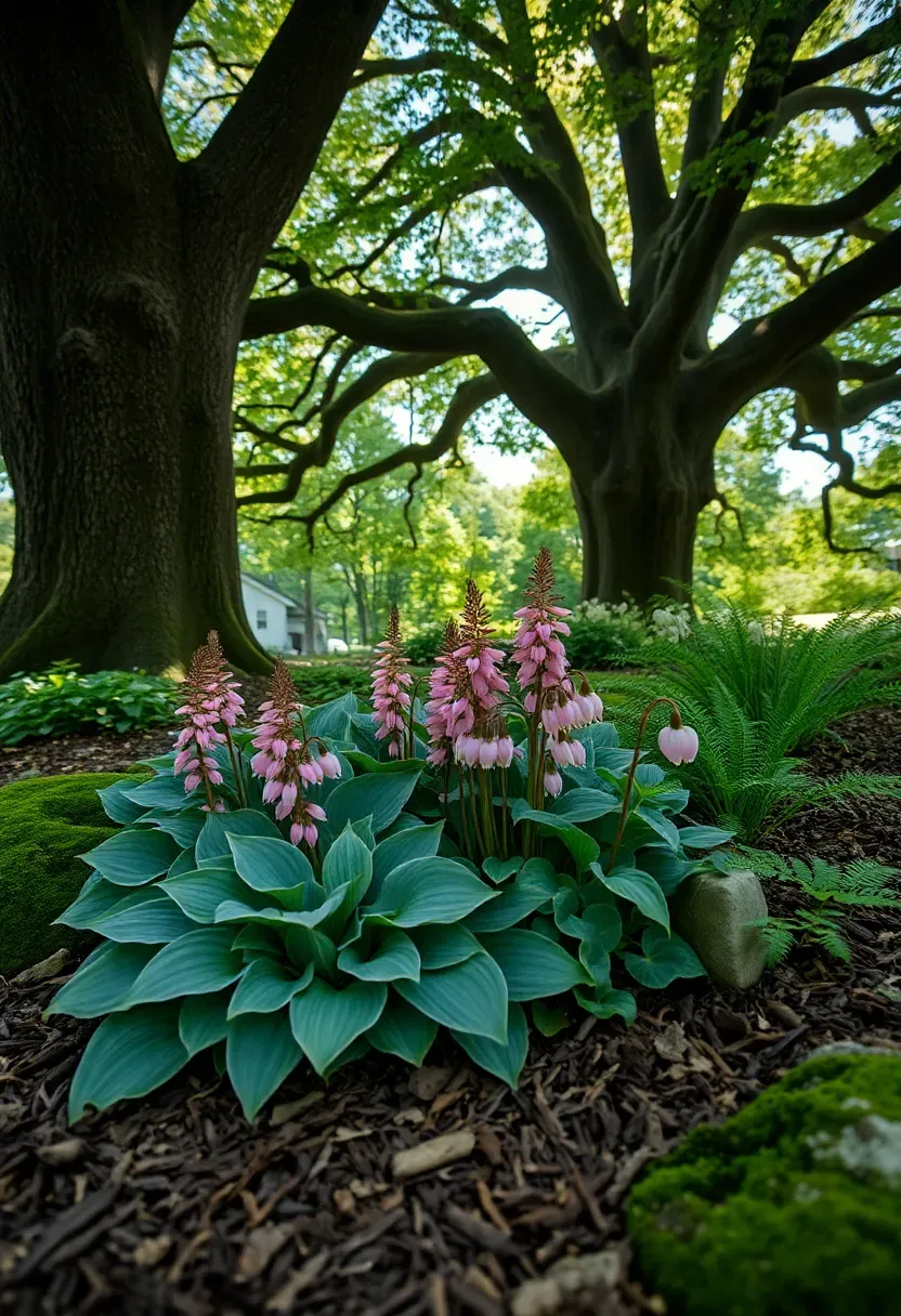 A shady flower bed under a large oak tree with hostas, astilbe, bleeding hearts, and ferns in dappled sunlight