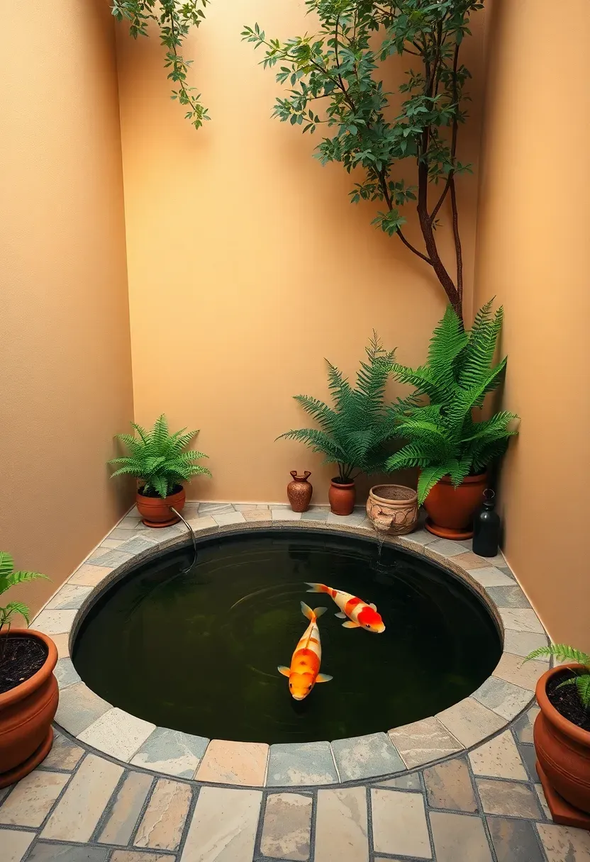 Small corner koi pond tucked into an L-shaped courtyard patio with potted plants and a small bubbler fountain
